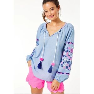 NWT Lily Pulitzer Keela Peasant Top in Chambray Size XL